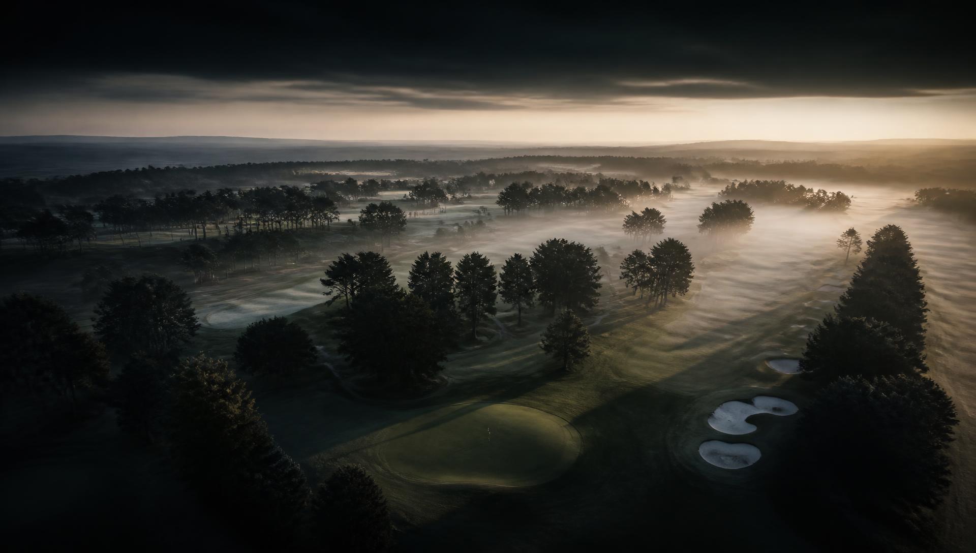 Aerial view of a golf course at dawn