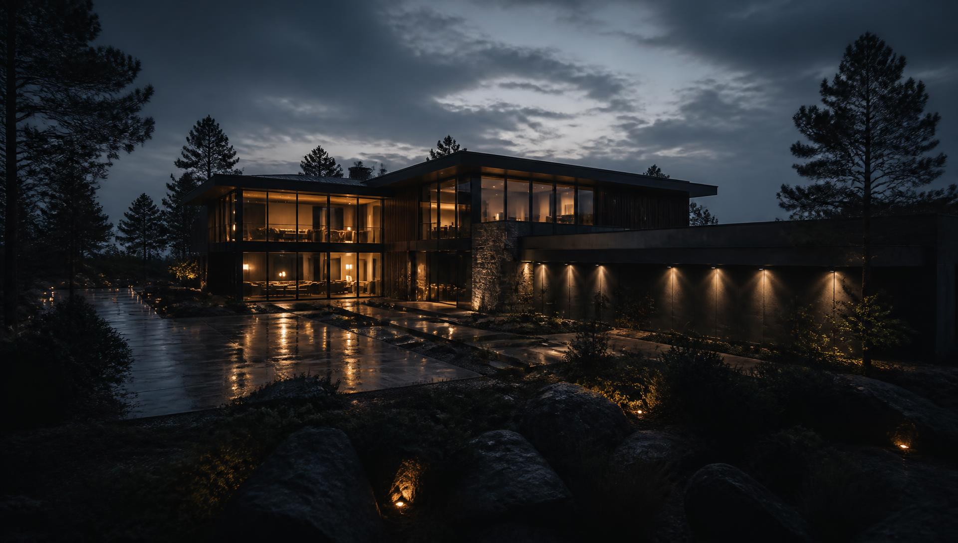 Cinematic dusk view of a modern property